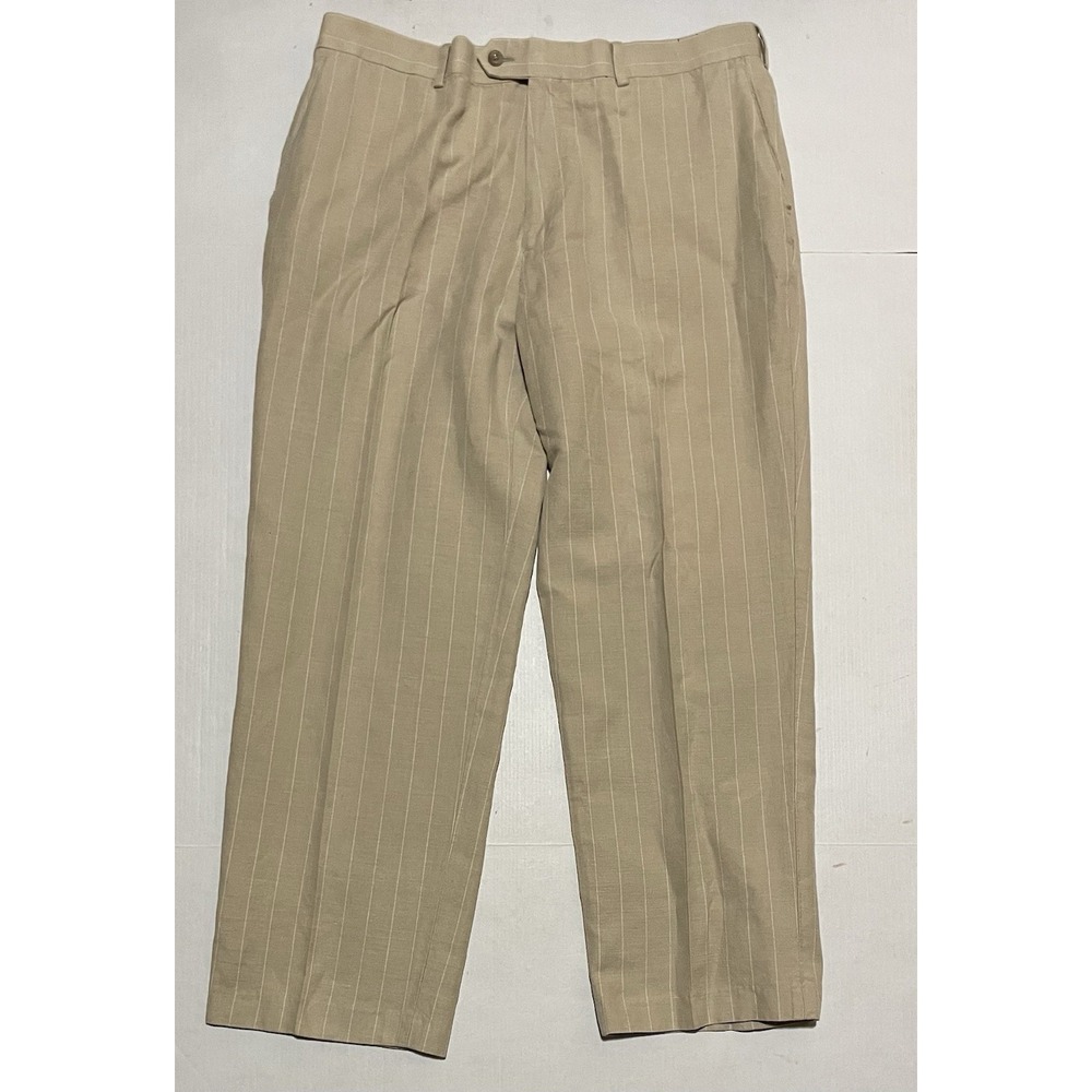 Brandini Men's Linen Blend Dress Pants 36 x 30‎ Beige Pinstripe Relaxed Fit NWT